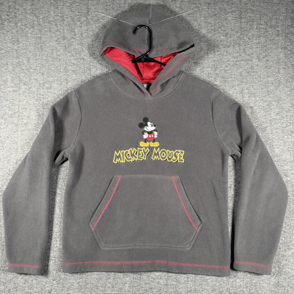 Y2K Disney Mickey & Co. Fleece Hoodie Adult M Gray Red Spellout Embroidered